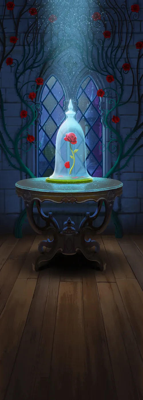 Glowing bottle with red petals on ornate table in dark room by Fernando Juarez