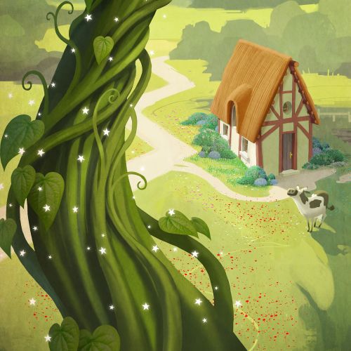 Child climbing a giant beanstalk with a village below by Fernando Juarez