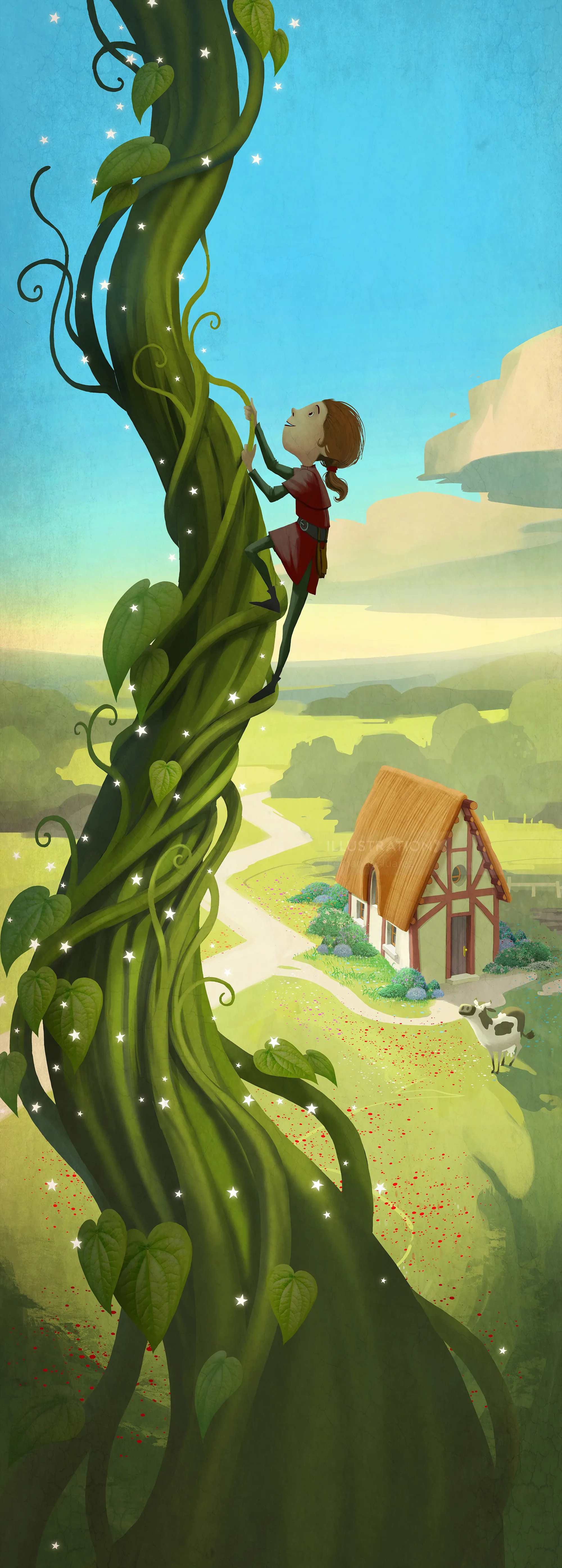 Child climbing a giant beanstalk with a village below by Fernando Juarez