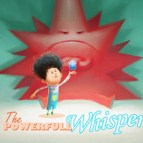 Child holding glowing blue orb in front of angry red sun figure by Fernando Juarez
