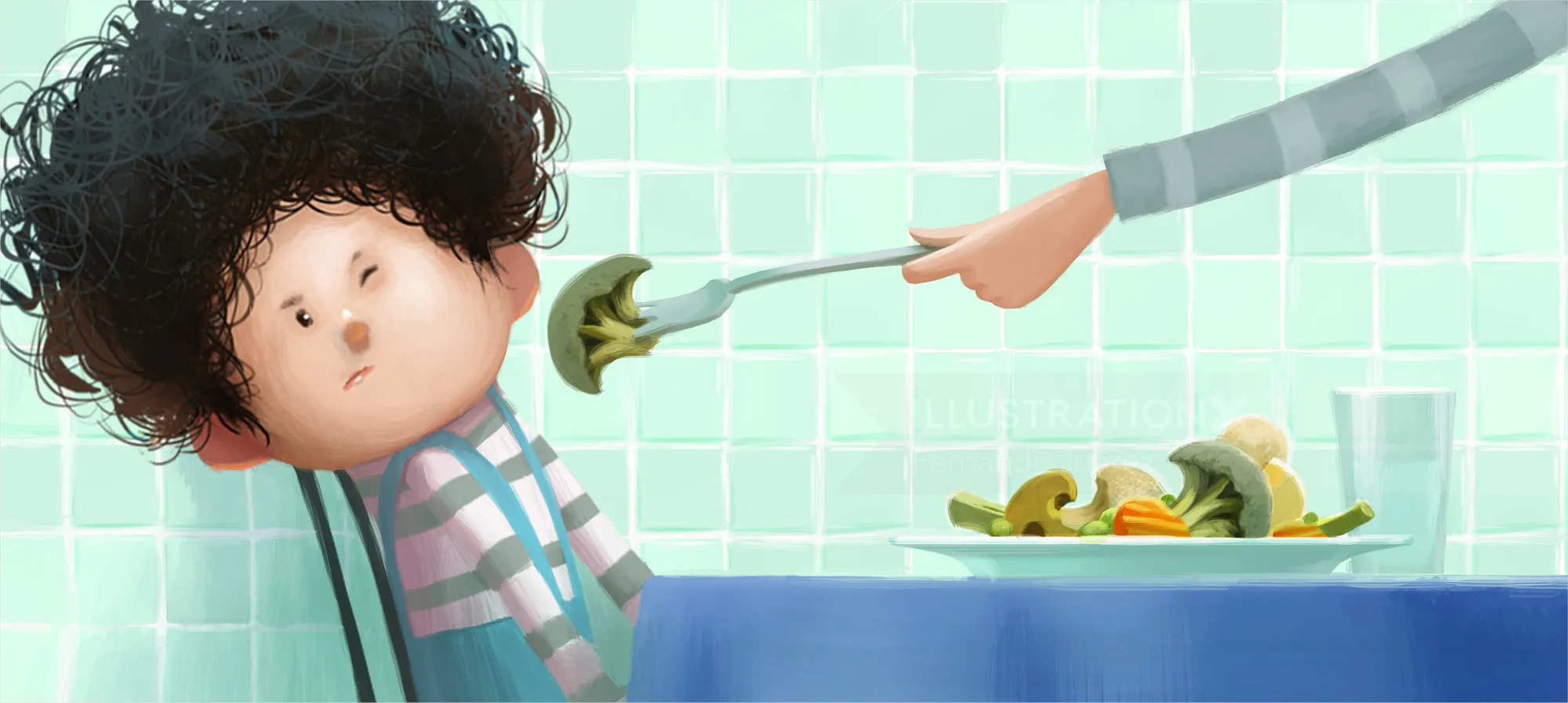 Child with curly hair being fed vegetables by hand, by Fernando Juarez