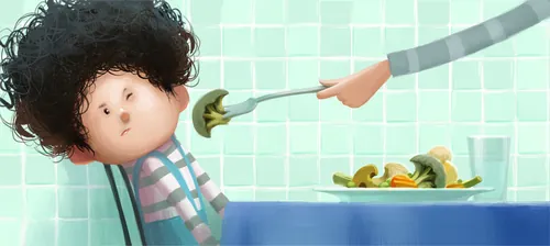 Child with curly hair being fed vegetables by hand, by Fernando Juarez