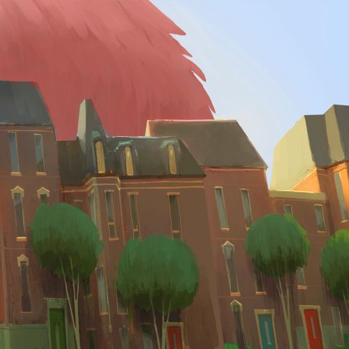 Giant pink hand hovering over city buildings by Fernando Juarez
