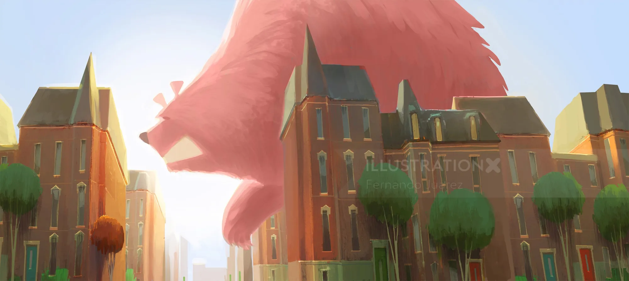 Giant pink hand hovering over city buildings by Fernando Juarez