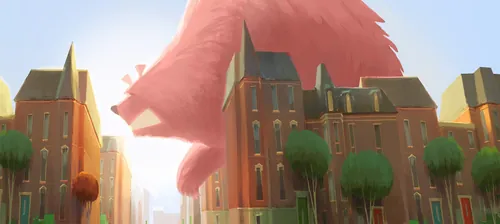 Giant pink hand hovering over city buildings by Fernando Juarez