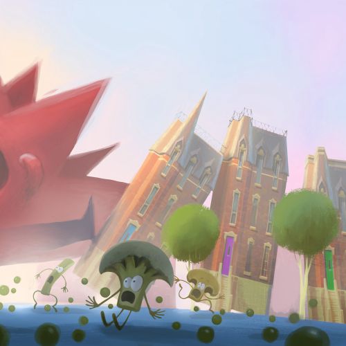 Red cartoon monster attacking city with fleeing small creatures by Fernando Juarez