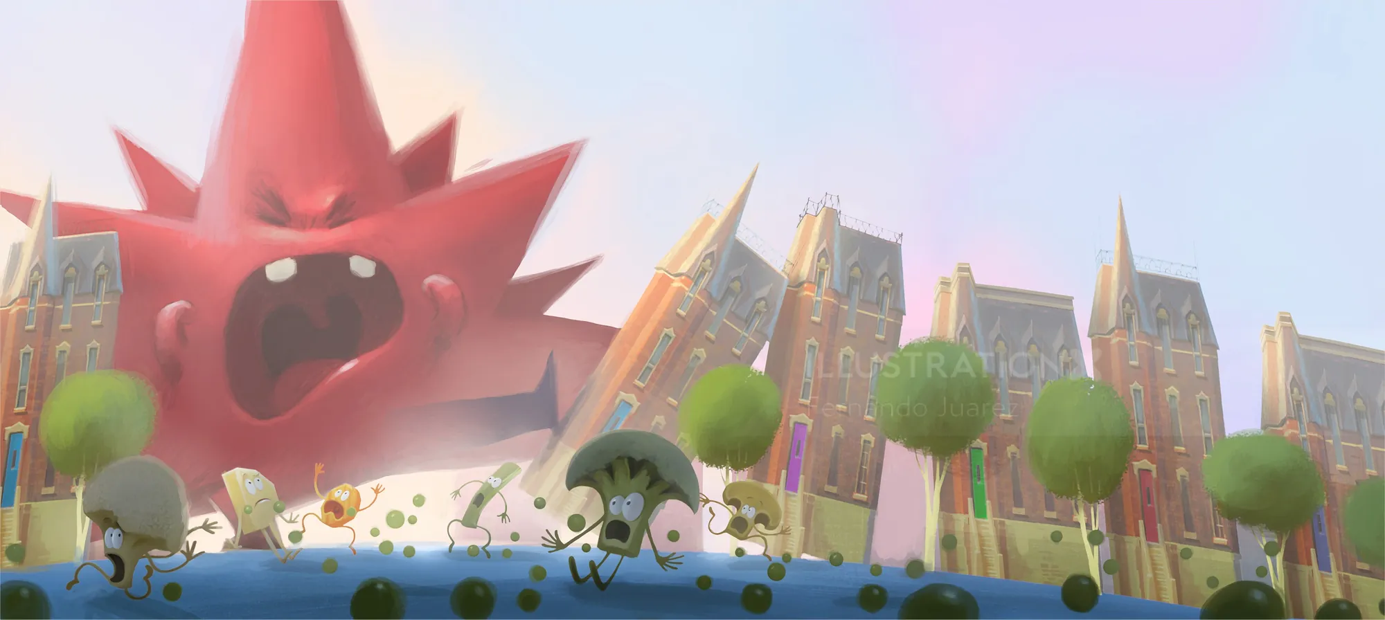 Red cartoon monster attacking city with fleeing small creatures by Fernando Juarez
