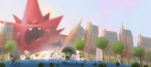 Red cartoon monster attacking city with fleeing small creatures by Fernando Juarez