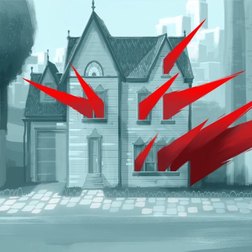 Red abstract shapes floating above city street scene by Fernando Juarez
