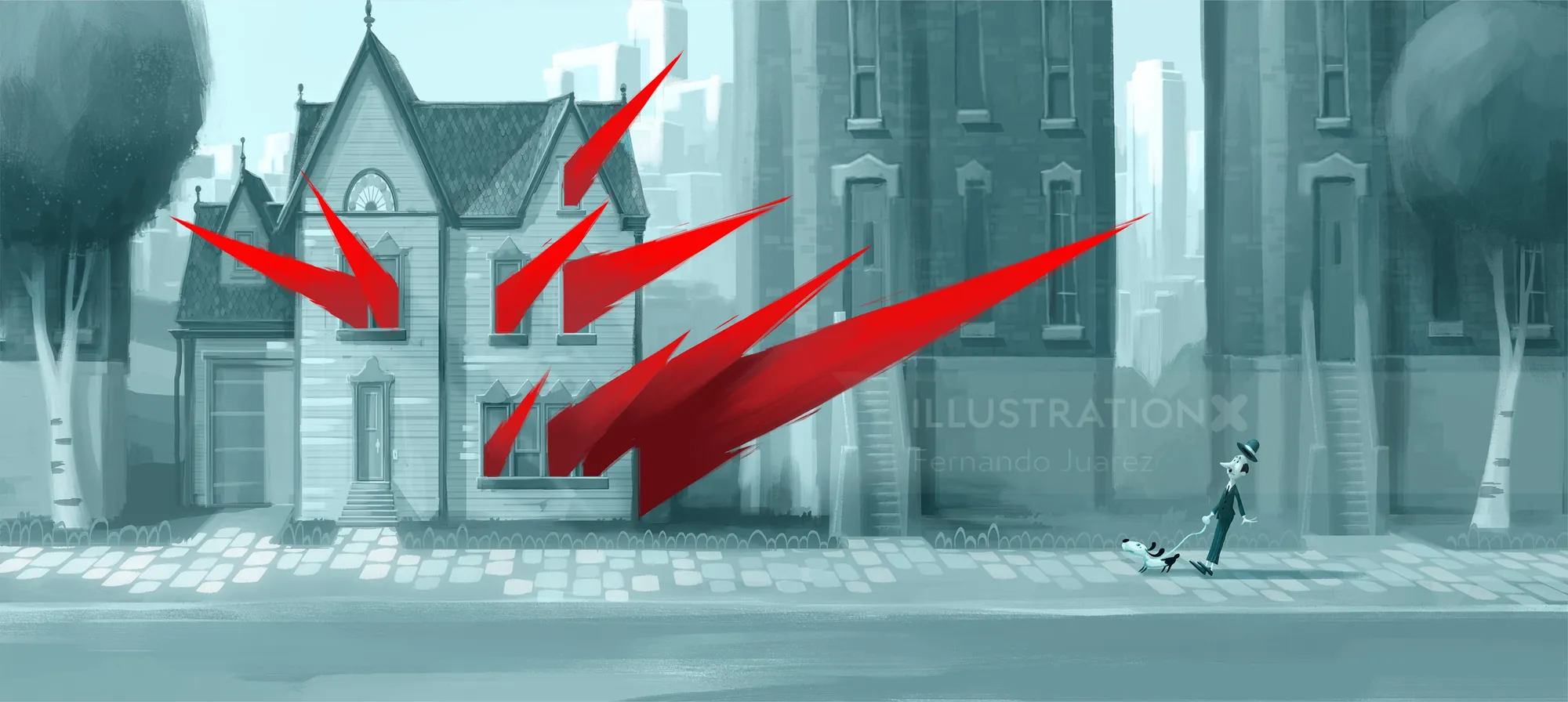 Red abstract shapes floating above city street scene by Fernando Juarez
