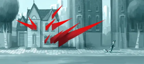 Red abstract shapes floating above city street scene by Fernando Juarez