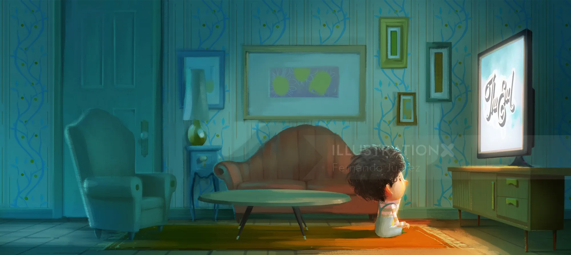 Child watching old TV in vintage living room by Fernando Juarez