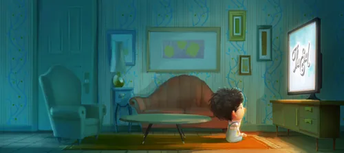 Child watching old TV in vintage living room by Fernando Juarez