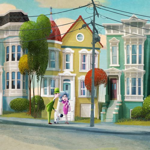 Whimsical street scene with Victorian houses and person walking dogs by Fernando Juarez