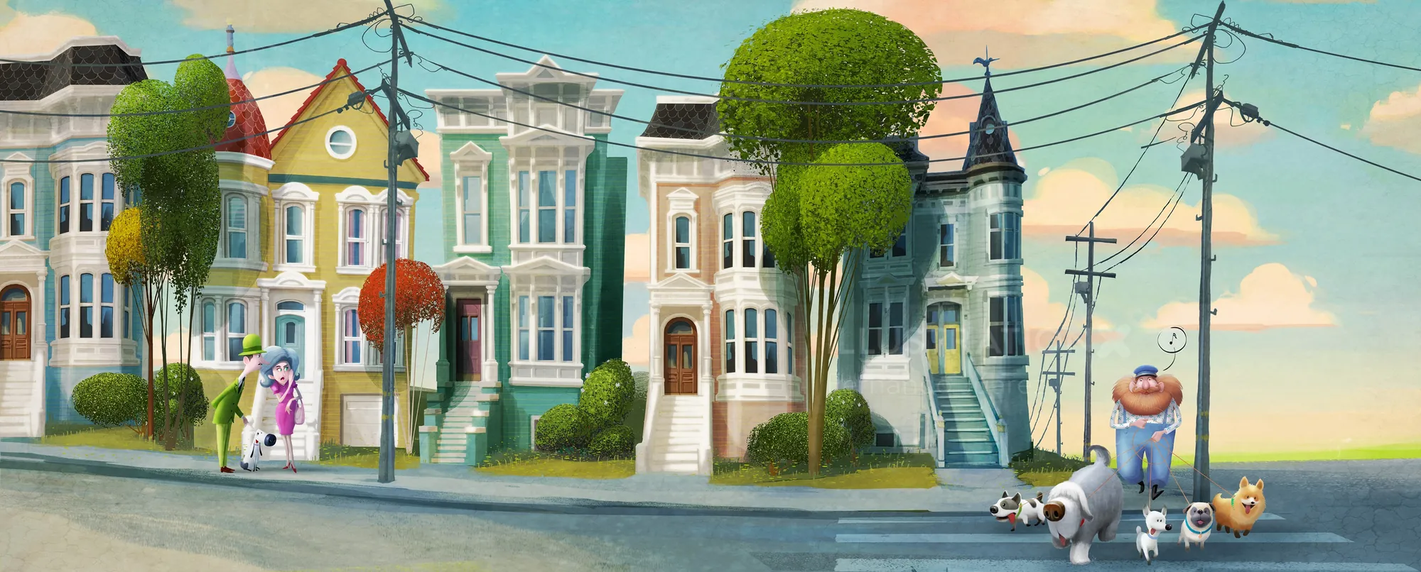 Whimsical street scene with Victorian houses and person walking dogs by Fernando Juarez
