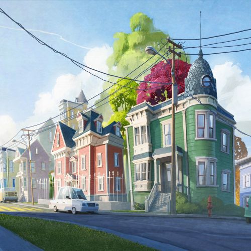 Colorful Victorian homes on a sunny street with blue sky by Fernando Juarez