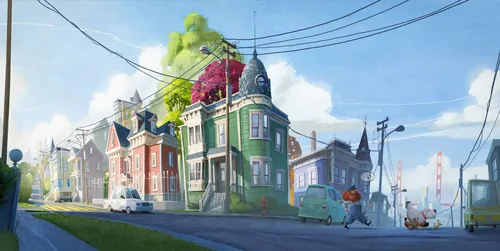 Colorful Victorian homes on a sunny street with blue sky by Fernando Juarez