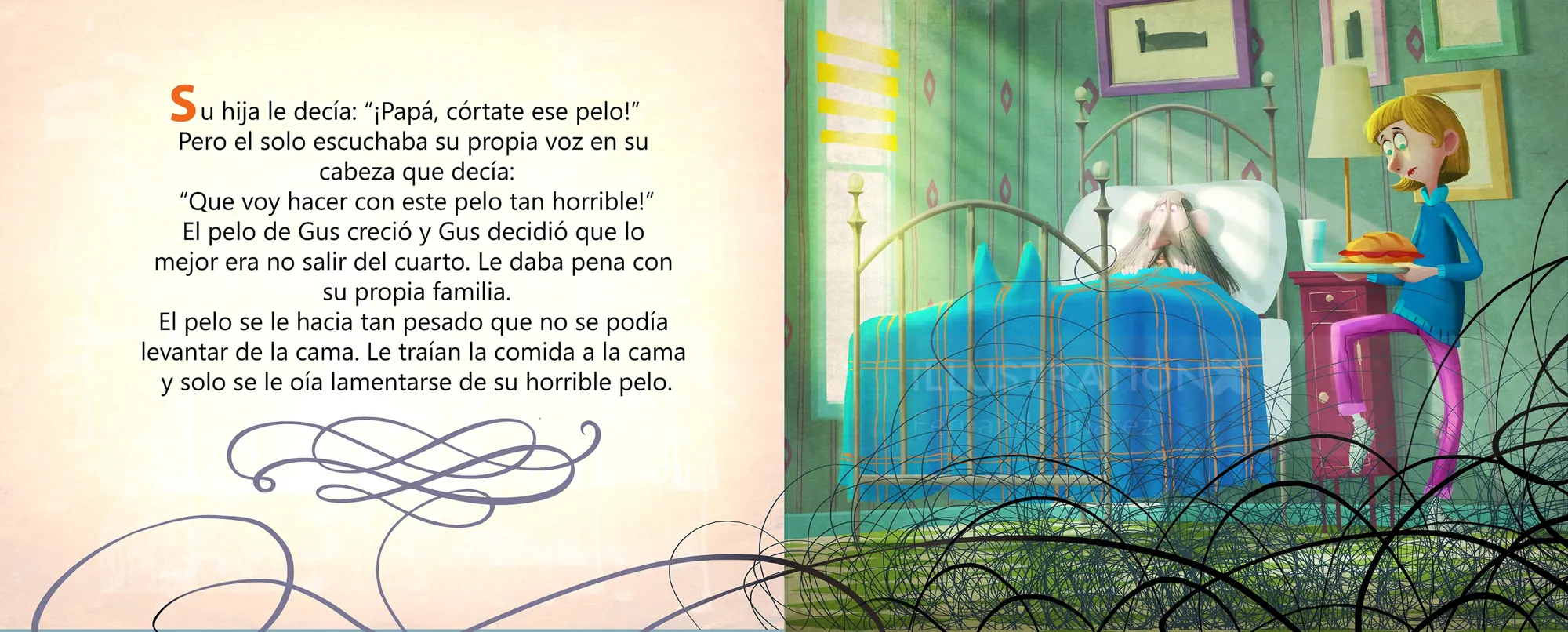 Illustration of child speaking to father in bright colorful room by Fernando Juarez