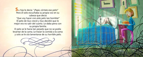 Illustration of child speaking to father in bright colorful room by Fernando Juarez