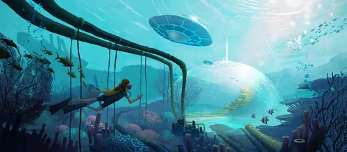 Underwater scene with diver exploring near futuristic dome by Fernando Juarez
