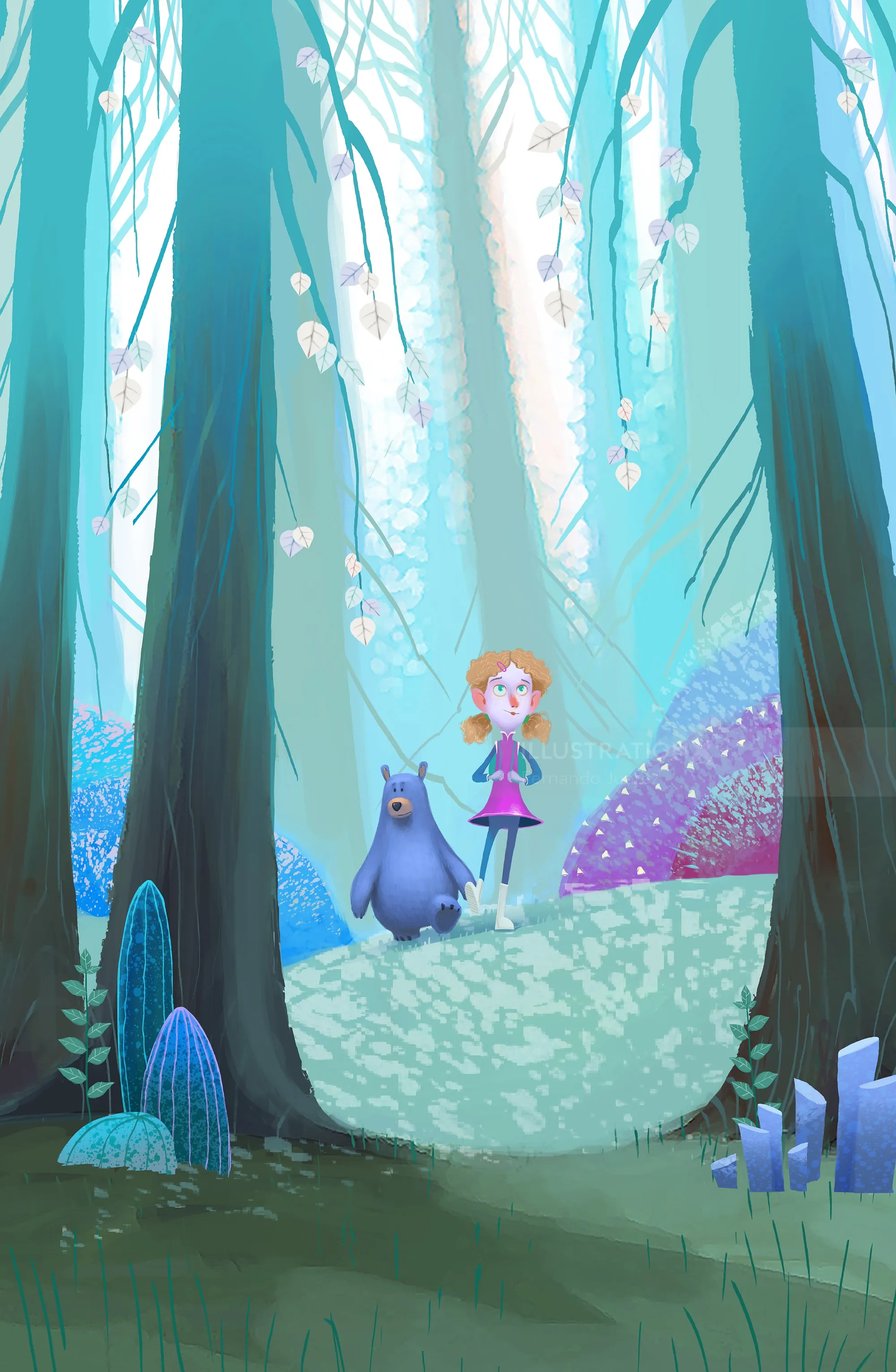 Girl and blue creature in magical forest by Fernando Juarez