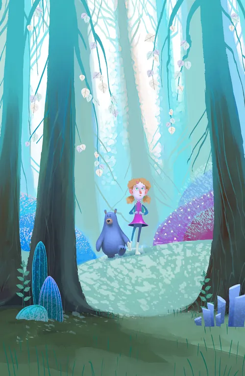 Girl and blue creature in magical forest by Fernando Juarez