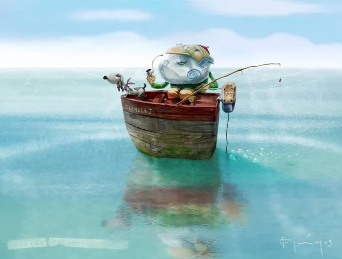Whimsical character fishing from small boat on calm water by Fernando Juarez