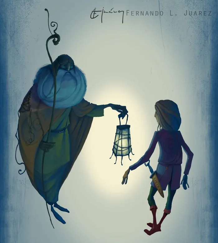 Mystical cloaked figure holding lantern guiding child, artwork by Fernando Juarez