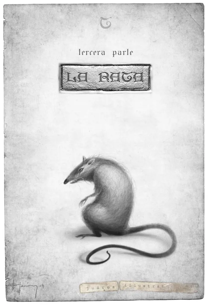 Drawing of a curled rat titled La Rata by Fernando Juarez