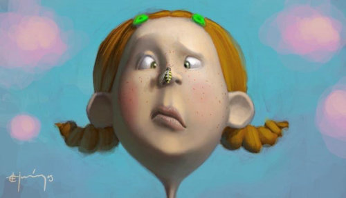 Ilustración de personaje de niña con una avispa en la nariz