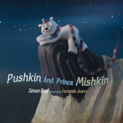 Polar bear with scarf resting on cliff under starry sky, illustrated by Fernando Juarez