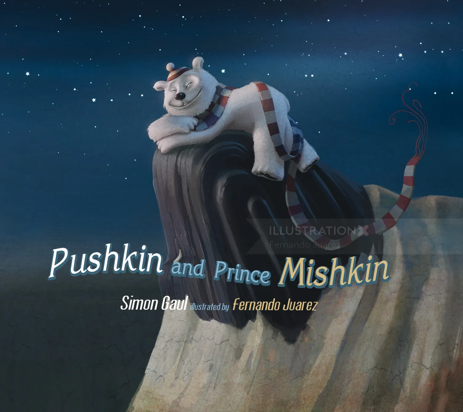 Polar bear with scarf resting on cliff under starry sky, illustrated by Fernando Juarez