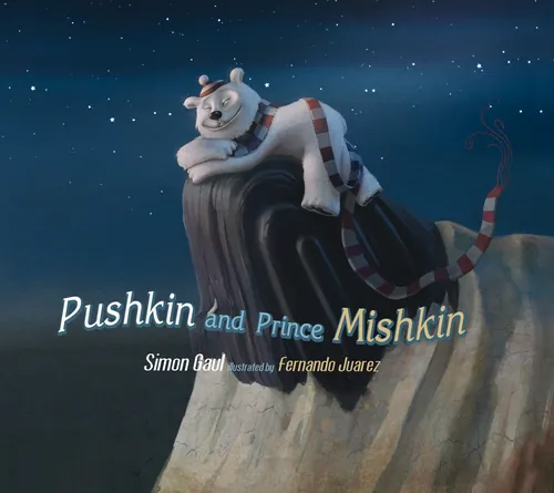 Polar bear with scarf resting on cliff under starry sky, illustrated by Fernando Juarez