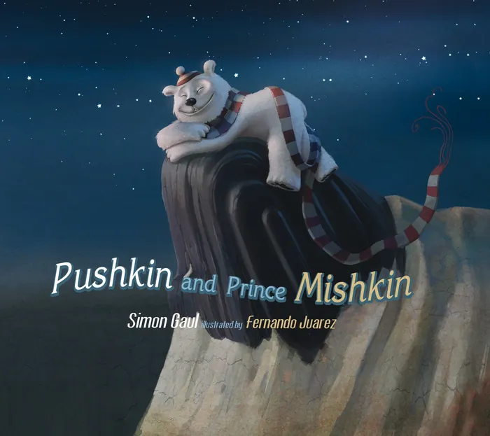 Polar bear with scarf resting on cliff under starry sky, illustrated by Fernando Juarez