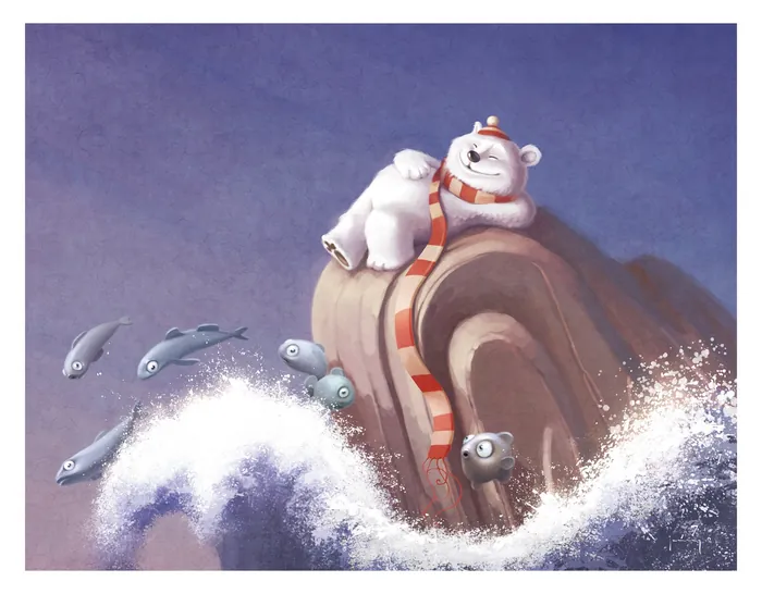 Polar bear relaxing on a rocky shore with fish swimming nearby by Fernando Juarez