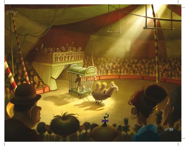 Circus performer with cage in a ring, audience watching, artwork by Fernando Juarez