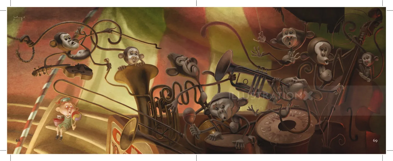 Surreal orchestra with floating faces and twisted instruments by Fernando Juarez