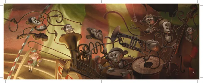 Surreal orchestra with floating faces and twisted instruments by Fernando Juarez