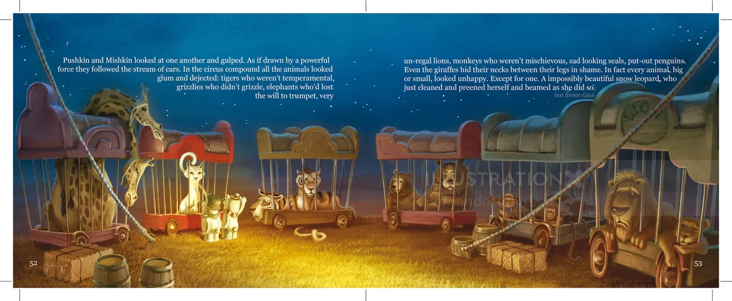 Circus animals and cages in a tent with trunks and ropes by Fernando Juarez