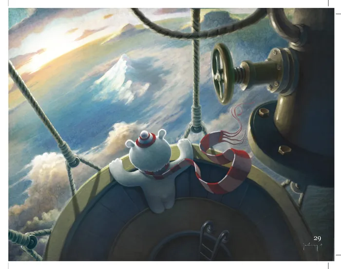 Teddy bear with scarf in airship basket above clouds by Fernando Juarez