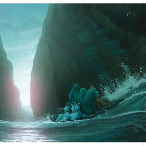 Ocean passage between cliffs with rocks and gentle water, digital art by Fernando Juarez