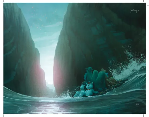 Ocean passage between cliffs with rocks and gentle water, digital art by Fernando Juarez
