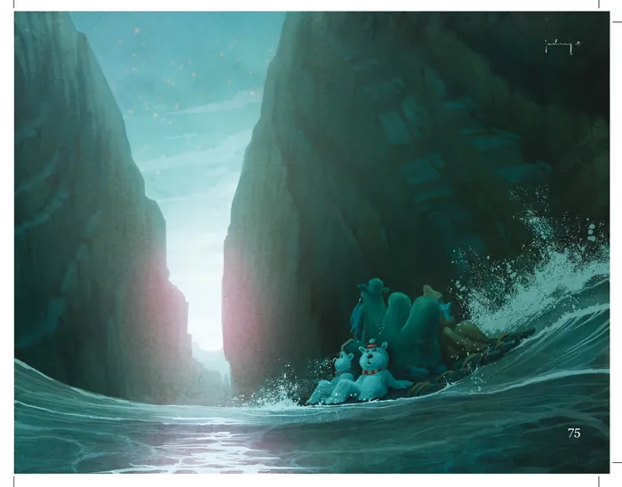 Ocean passage between cliffs with rocks and gentle water, digital art by Fernando Juarez