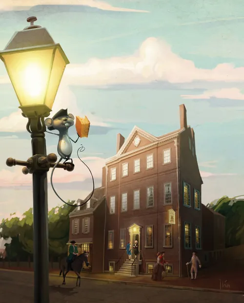 Cat climbing street lamp near historic building at sunset by Fernando Juarez