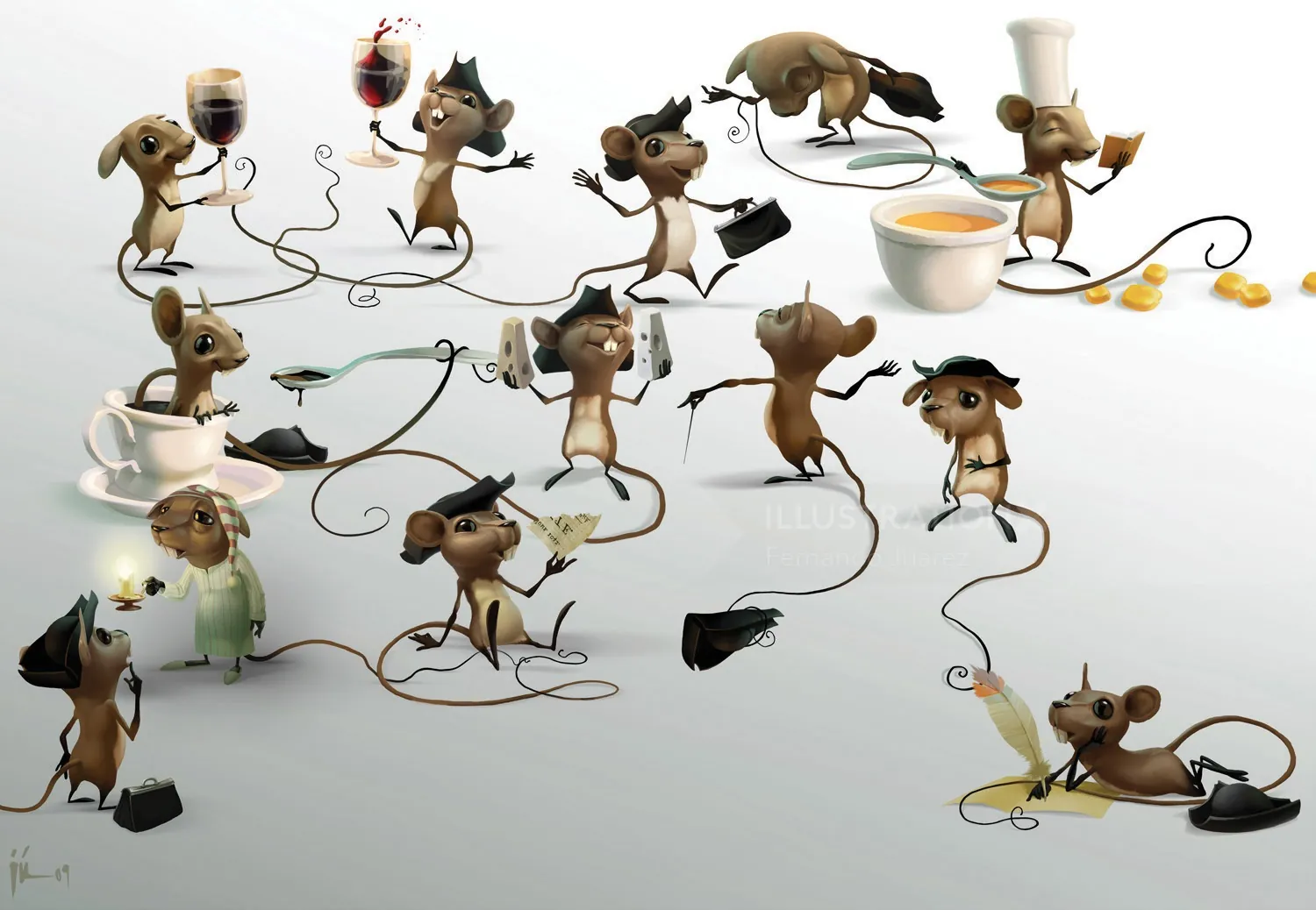 Animated mice interacting with coffee cups, wine glasses, and utensils by Fernando Juarez
