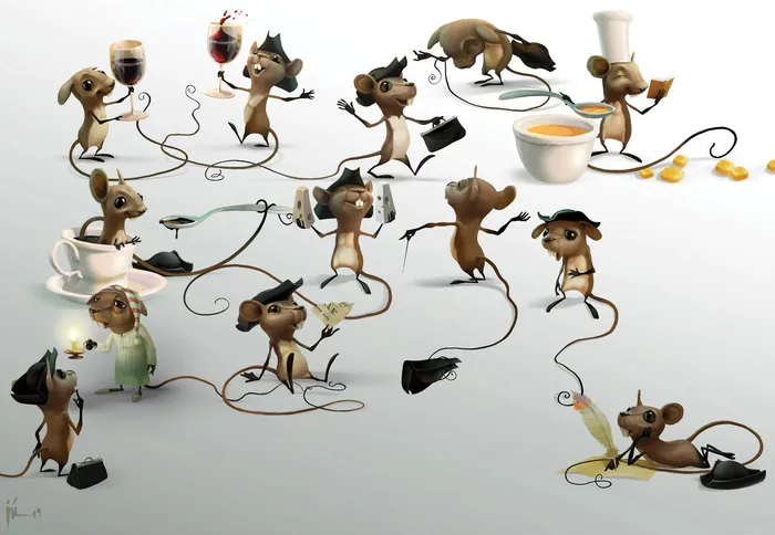 Animated mice interacting with coffee cups, wine glasses, and utensils by Fernando Juarez
