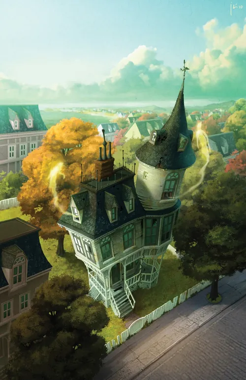 Whimsical crooked house with a tall tower and autumn trees by Fernando Juarez