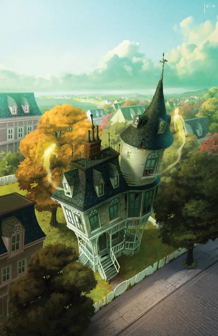 Whimsical crooked house with a tall tower and autumn trees by Fernando Juarez