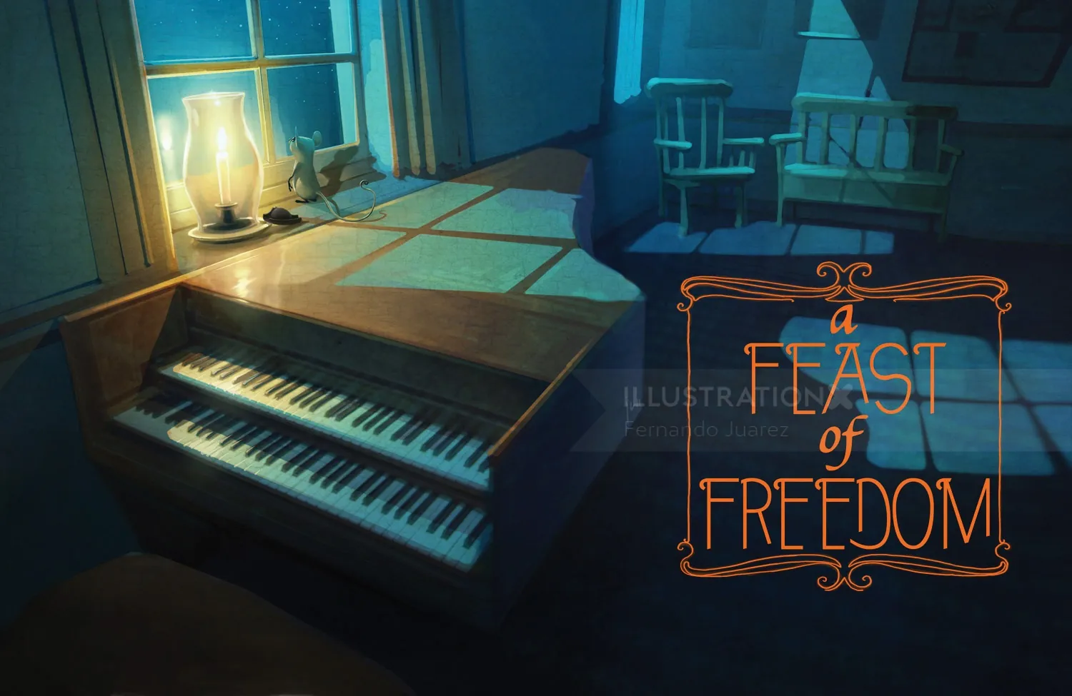 Dimly lit room with piano and lamp by Fernando Juarez