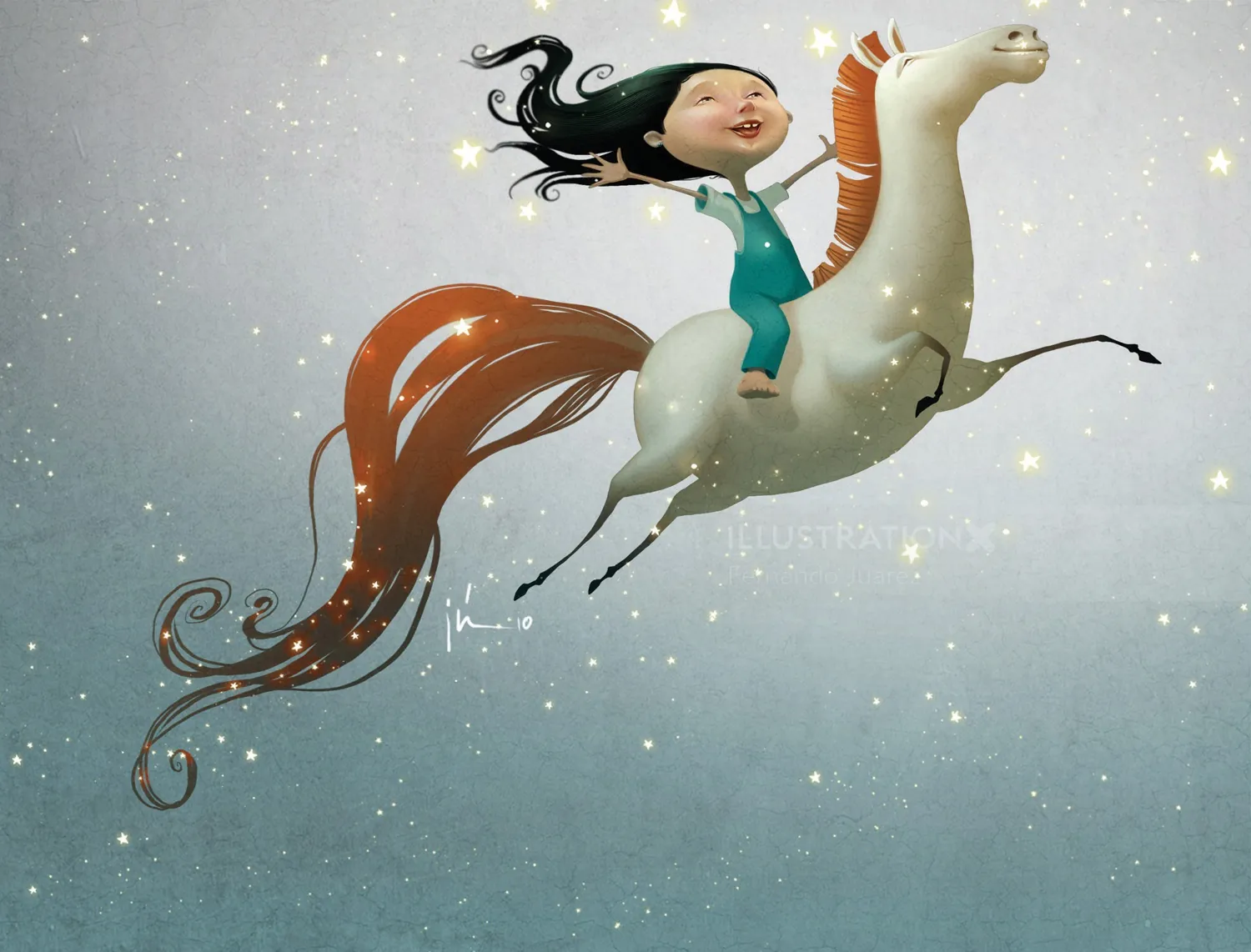 Child happily riding a magical horse in the starry sky by Fernando Juarez